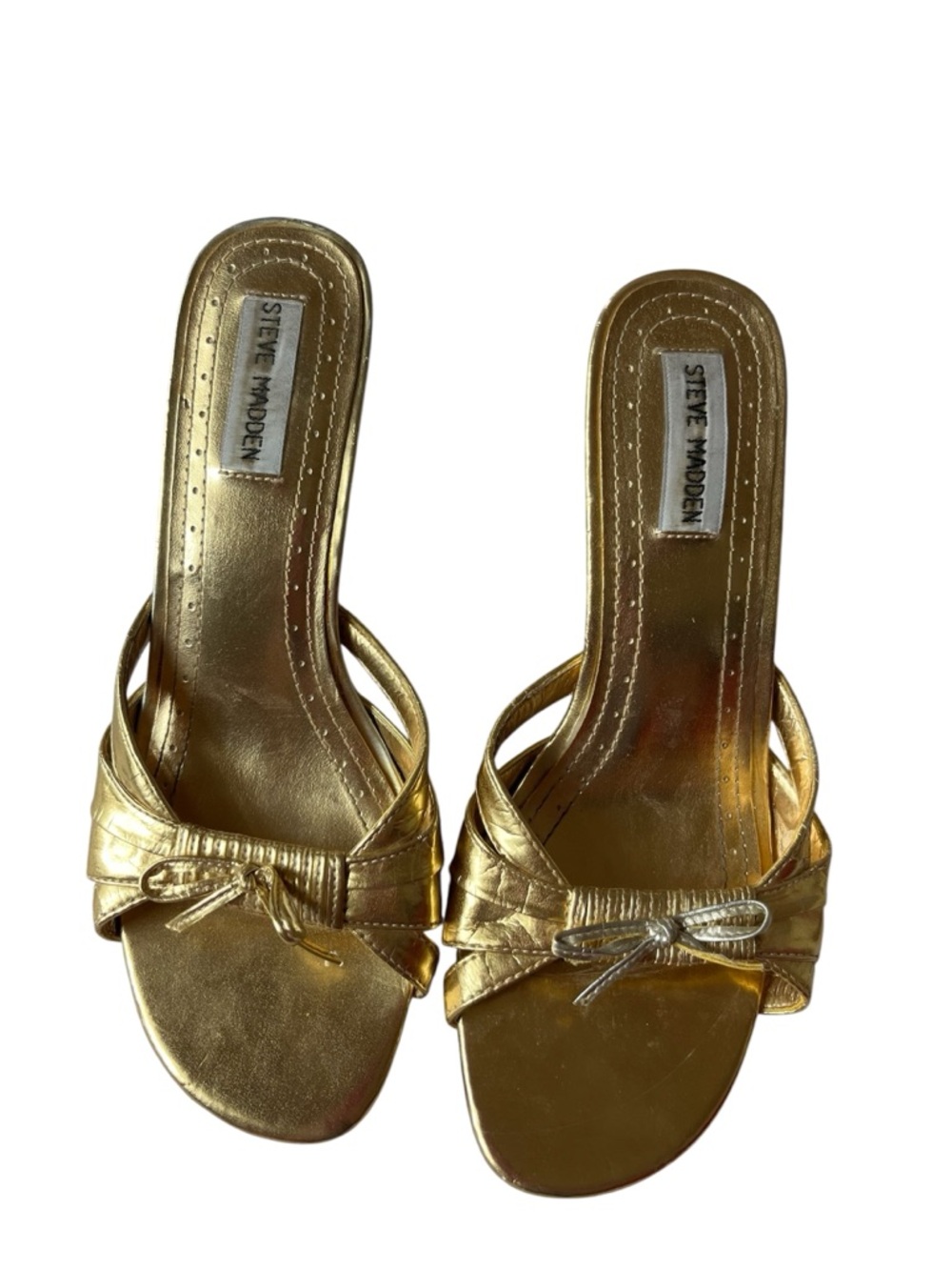 VINTAGE 90S STEVE MADDEN P COOKIE GOLD KITTEN HEELS OPEN TOE 8 WOMENS BOWS